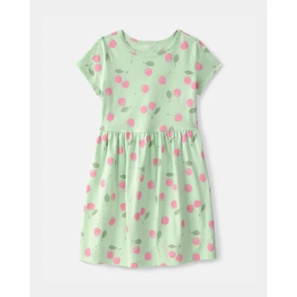 Carters Girls Green Cherry Print Jersey Dress Short Sleeve Size 8